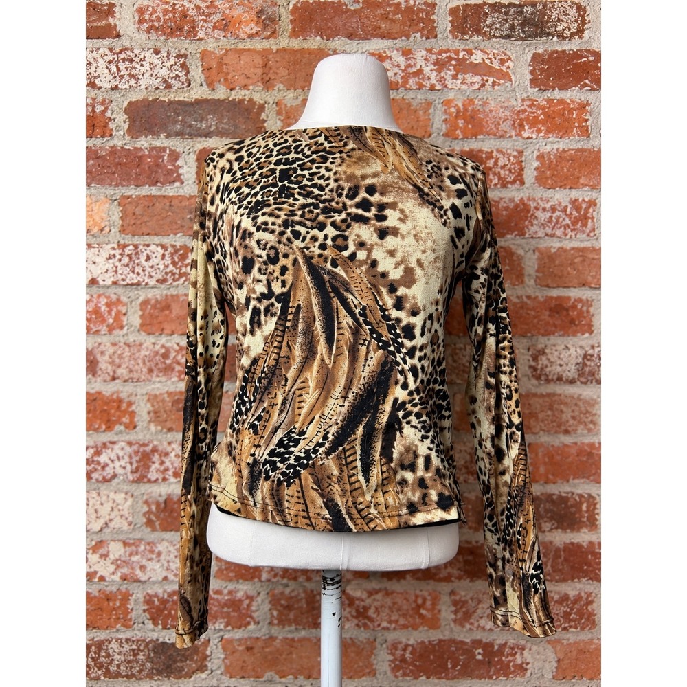 Y2K VTG Leopard Long Sleeve Top M Micro Mesh Euro Boho Eclectic Layering Indie